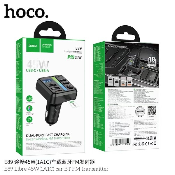 Hoco E89 Libre 45W Car Bluetooth FM Transmitter with PD 30W Fast Charging
